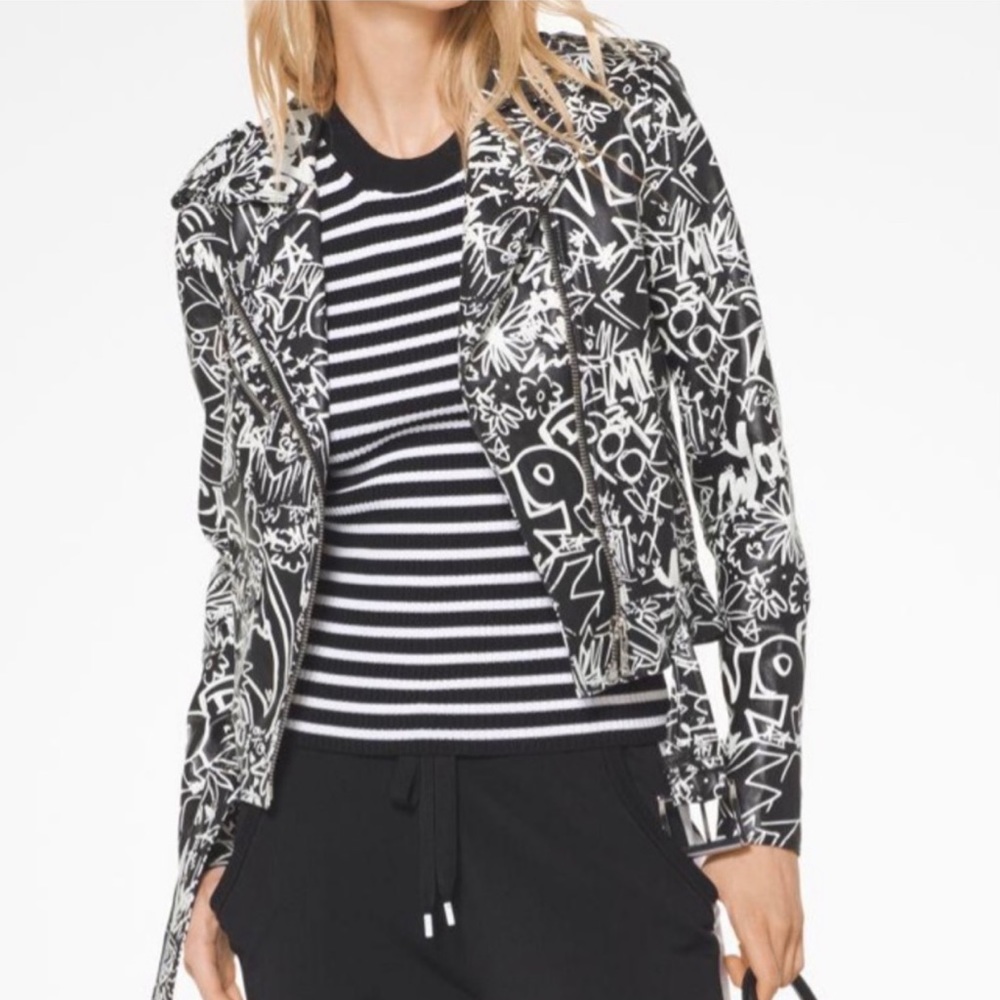 Michael Kors real leather black and white graffiti urban Moro jacket. NWT. Small